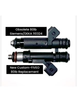 New FIVEO Motorsport 80lb replacement fuel injectors.  Direct-fit replacement part.